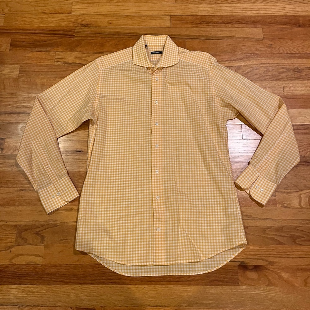 SUITSUPPLY Yellow Gingham Button Down Dress Shirt 40, 15.75